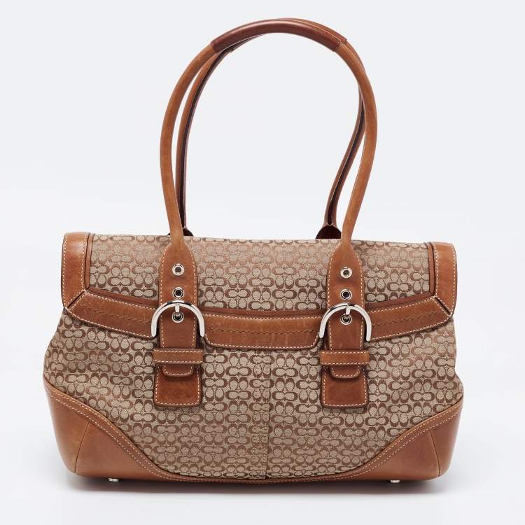Pre Owned Coach Brown/Beige Signature Canvas and Leather Flap Buckle Satchel