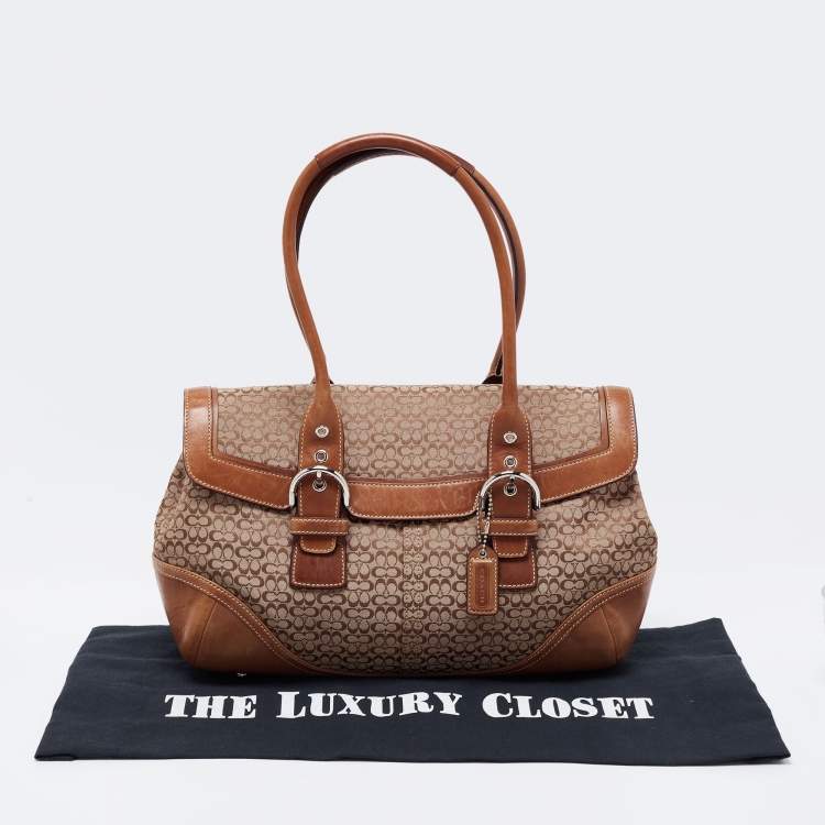 Pre Owned Coach Brown/Beige Signature Canvas and Leather Flap Buckle Satchel