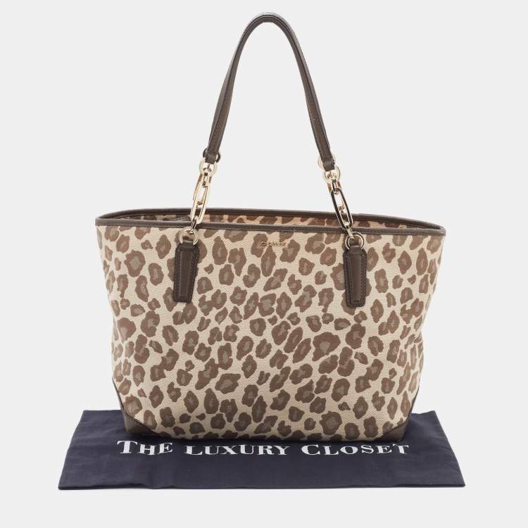 مملوكة مسبقًا Coach Brown Ocelot Print Jacquard and Leather Madison East/West Tote