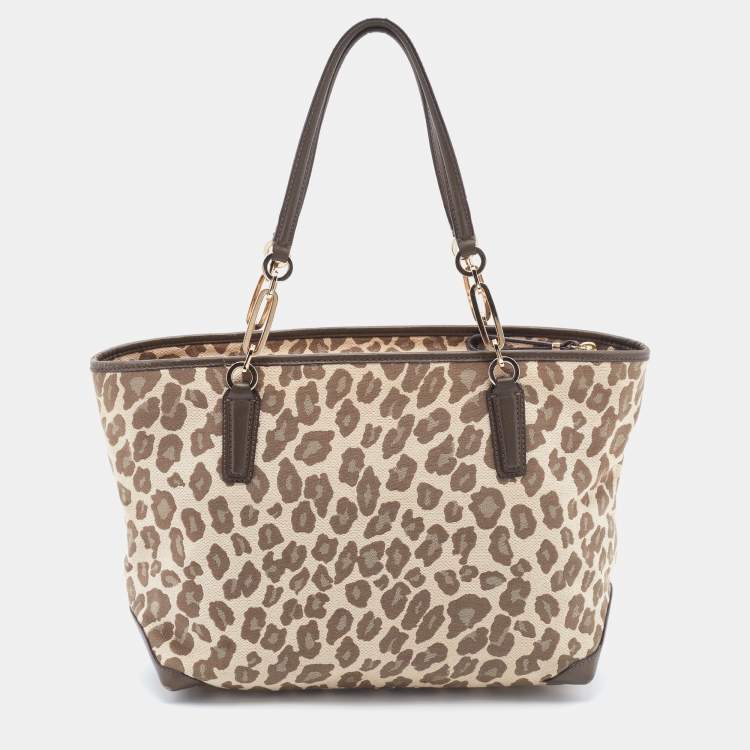 مملوكة مسبقًا Coach Brown Ocelot Print Jacquard and Leather Madison East/West Tote