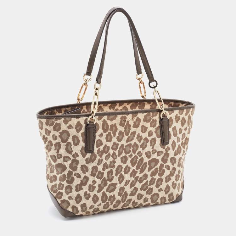 مملوكة مسبقًا Coach Brown Ocelot Print Jacquard and Leather Madison East/West Tote
