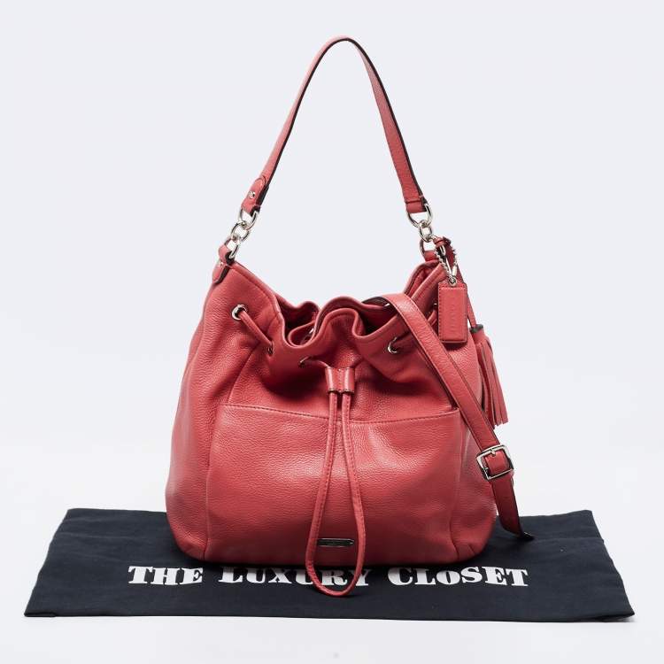 Pre Owned Coach Coral Pink Leather Drawstring Crossbody Bag