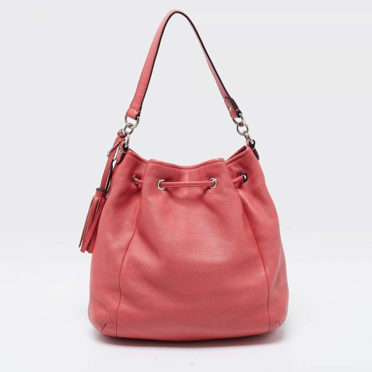 Pre Owned Coach Coral Pink Leather Drawstring Crossbody Bag