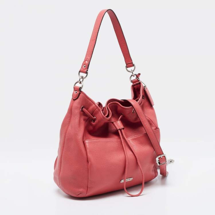 Pre Owned Coach Coral Pink Leather Drawstring Crossbody Bag