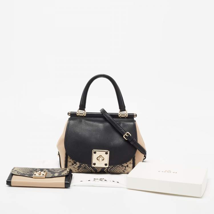 Pre Owned Coach Black/Beige Snakeskin Embossed Leather And Leather Drifter Top Handle Bag
