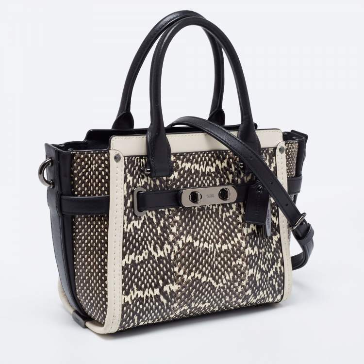 Pre Owned Coach Black/Beige Snakeskin Embossed And Leather Swagger 20 Tote