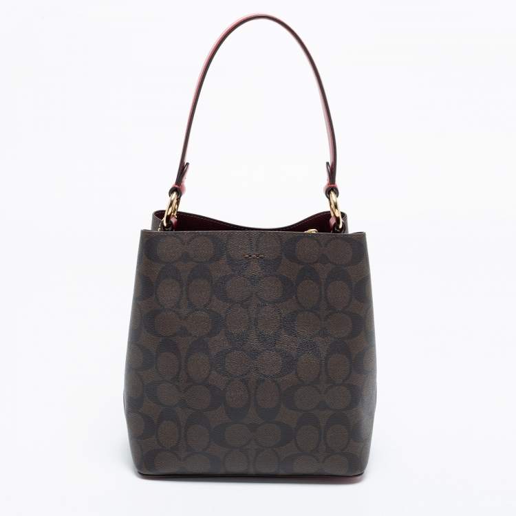 Pre Owned Coach Brown/Red Signature Coated Canvas and Leather Small Town Bucket Bag