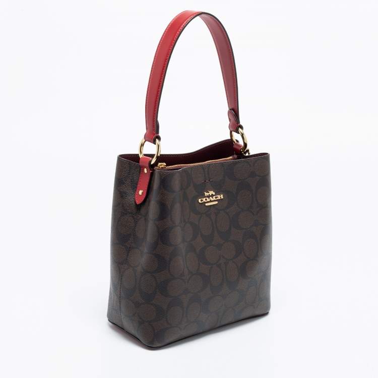 Pre Owned Coach Brown/Red Signature Coated Canvas and Leather Small Town Bucket Bag