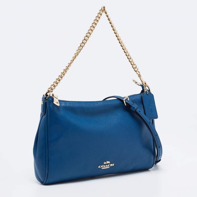 Pre Owned Coach Blue Leather Top Zip Chain Shoulder Bag