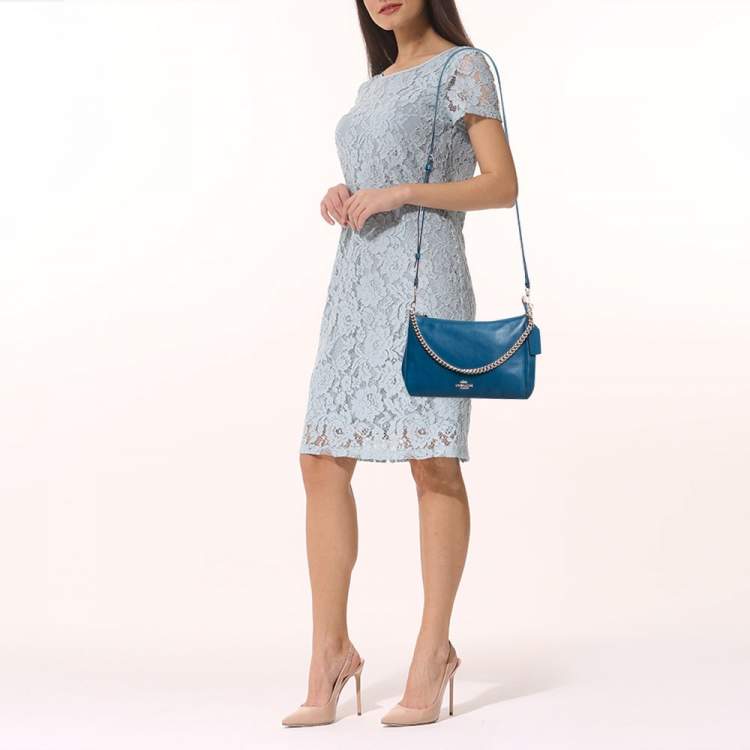 Pre Owned Coach Blue Leather Top Zip Chain Shoulder Bag