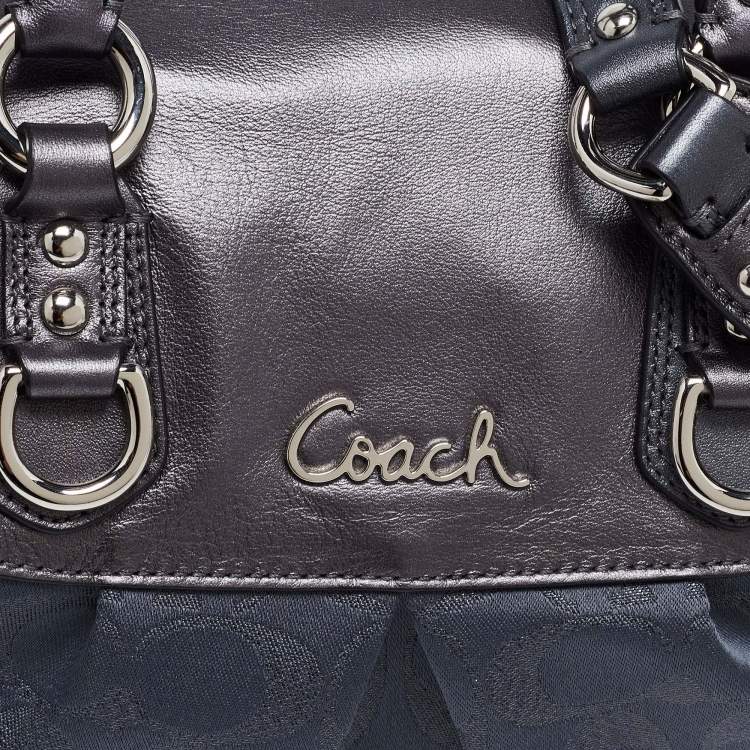 Pre Owned Coach Metallic Charcoal Grey Signature Canvas and Leather Ashley Satchel