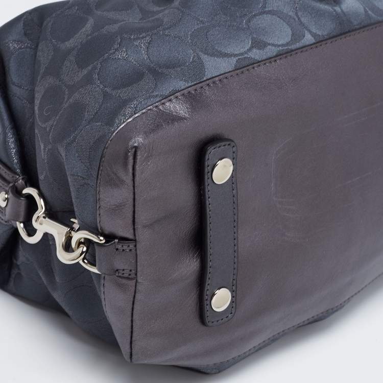 Pre Owned Coach Metallic Charcoal Grey Signature Canvas and Leather Ashley Satchel
