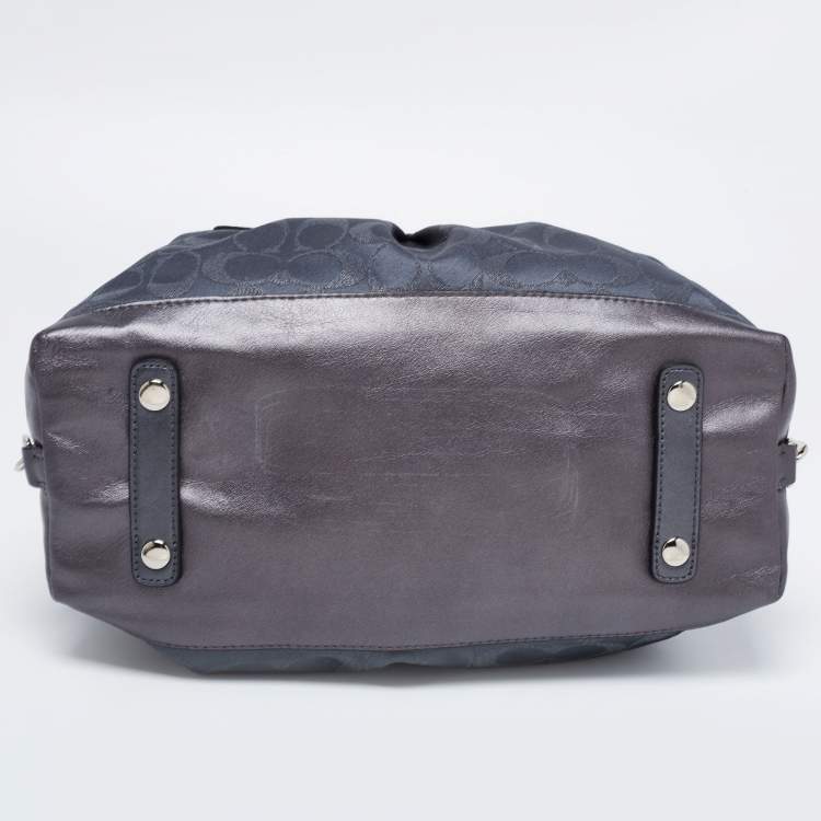 Pre Owned Coach Metallic Charcoal Grey Signature Canvas and Leather Ashley Satchel