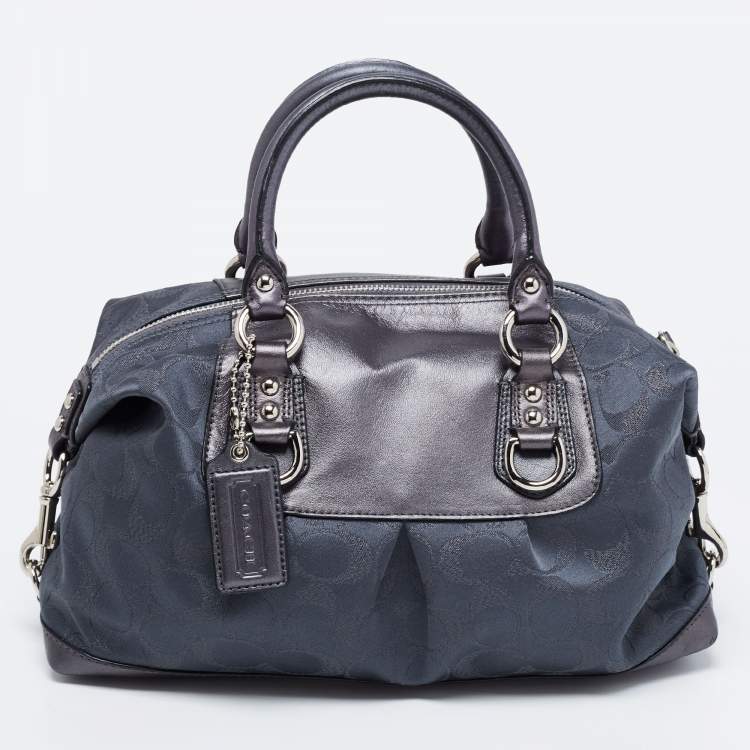 Pre Owned Coach Metallic Charcoal Grey Signature Canvas and Leather Ashley Satchel