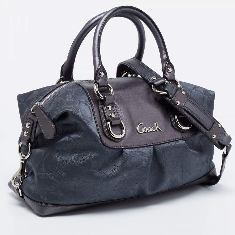 Pre Owned Coach Metallic Charcoal Grey Signature Canvas and Leather Ashley Satchel
