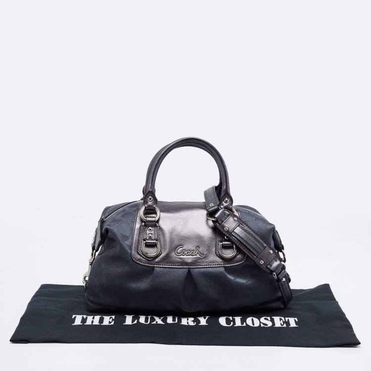 Pre Owned Coach Metallic Charcoal Grey Signature Canvas and Leather Ashley Satchel