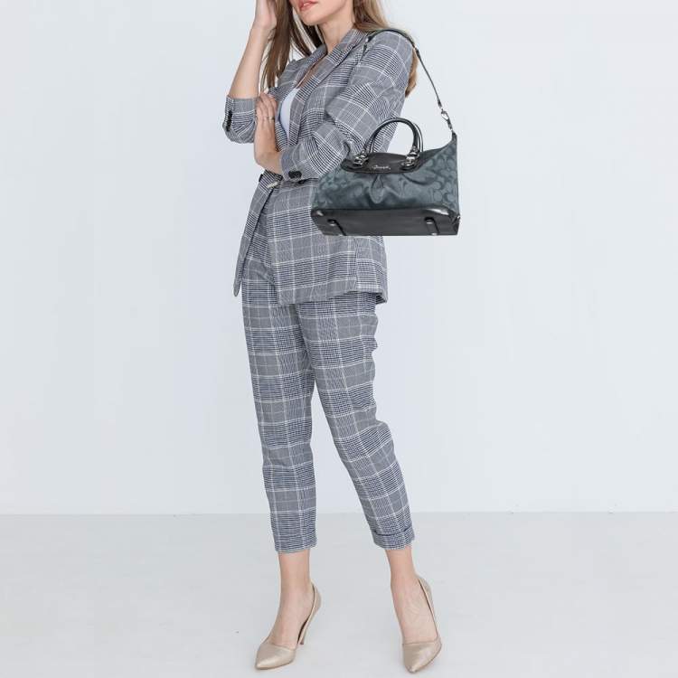 Pre Owned Coach Metallic Charcoal Grey Signature Canvas and Leather Ashley Satchel