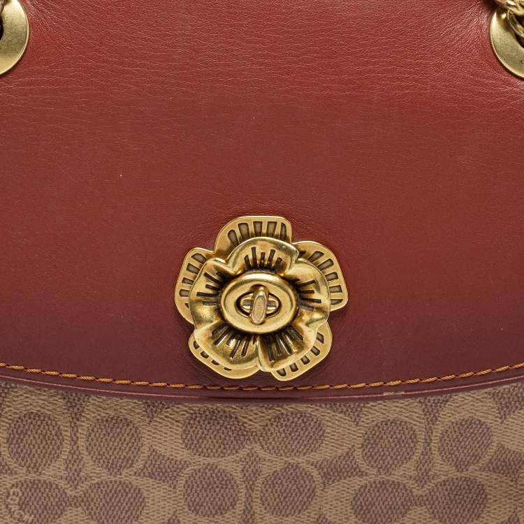 Pre Owned Coach Tan Leather And Signature Coated Canvas Parker Shoulder Bag