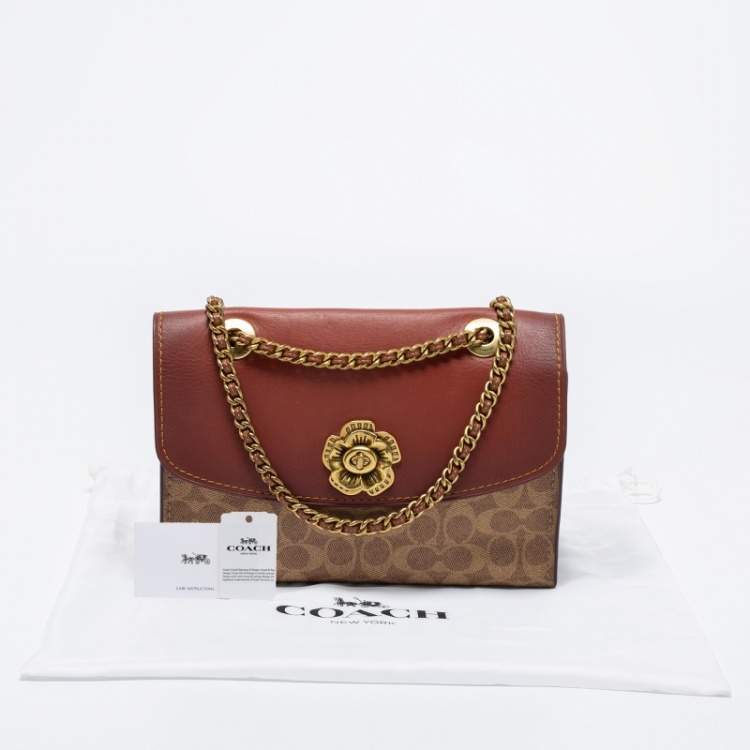 Pre Owned Coach Tan Leather And Signature Coated Canvas Parker Shoulder Bag