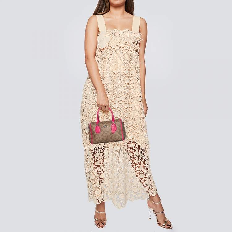 Pre Owned Coach Beige/Pink Signature Printed Canvas and Leather Mini Bennett Satchel