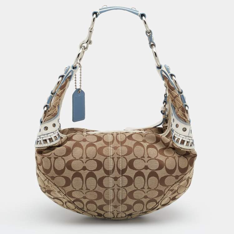 Pre Owned Coach Beige/White Signature Canvas And Leather Hobo