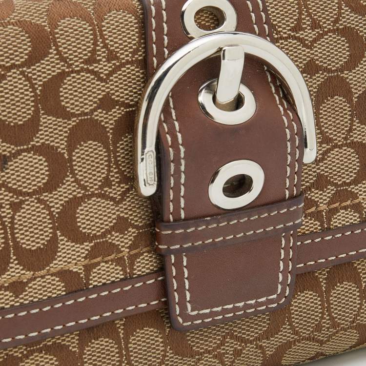 Pre Owned Coach Beige/Brown Signature Canvas and Leather Buckle Detail Continental Wallet