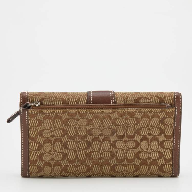 Pre Owned Coach Beige/Brown Signature Canvas and Leather Buckle Detail Continental Wallet