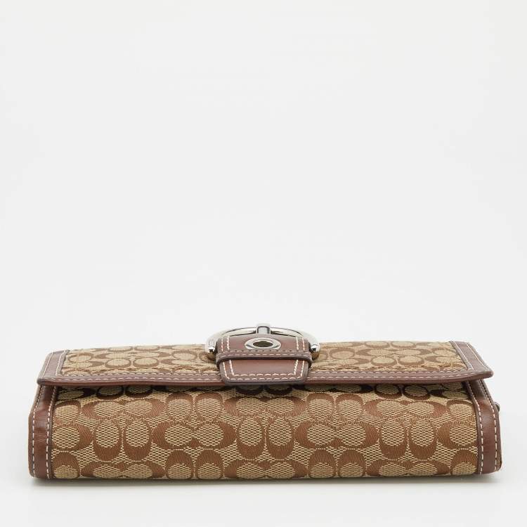 Pre Owned Coach Beige/Brown Signature Canvas and Leather Buckle Detail Continental Wallet