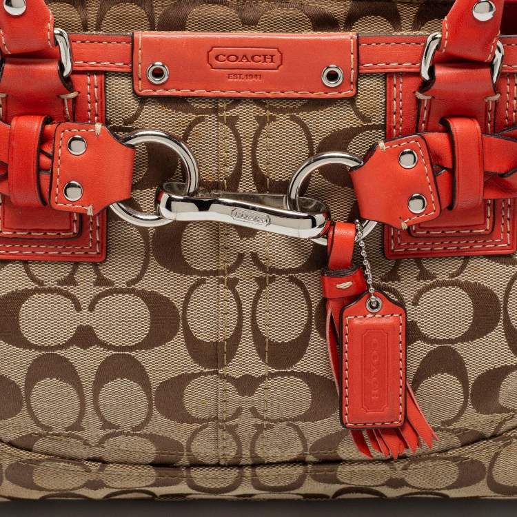 Pre Owned Coach Beige/Orange Signature Canvas and Leather Hampton Tote