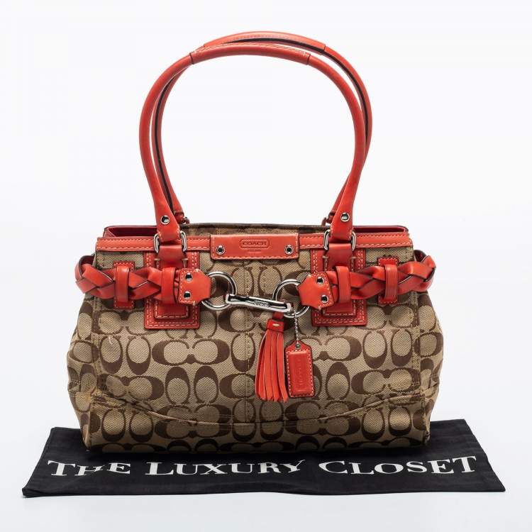 Pre Owned Coach Beige/Orange Signature Canvas and Leather Hampton Tote