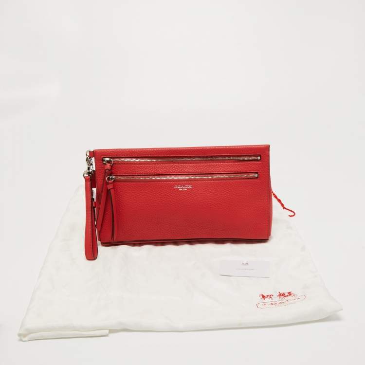 Pre Owned Coach Orange Leather Wristlet Clutch