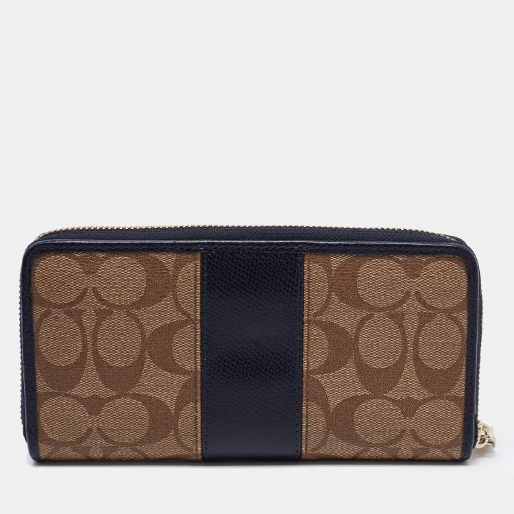 Pre Owned Coach Beige/Blue Signature Coated Canvas and Leather Accordion Zip Around Wallet