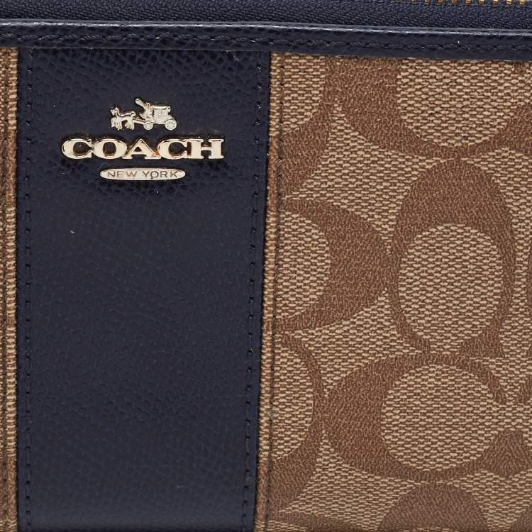 Pre Owned Coach Beige/Blue Signature Coated Canvas and Leather Accordion Zip Around Wallet