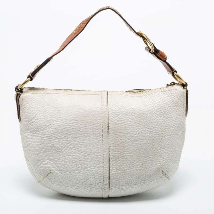 Pre Owned Coach White/Brown Leather Zip Hobo