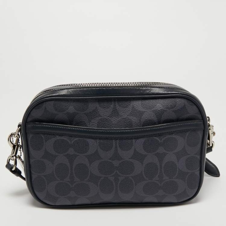 Pre Owned Coach Navy Blue Signature Coated Canvas and Leather Jes Camera Crossbody Bag