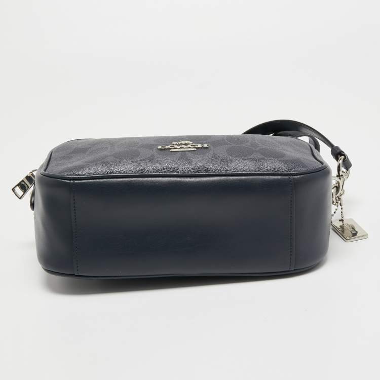 Pre Owned Coach Navy Blue Signature Coated Canvas and Leather Jes Camera Crossbody Bag