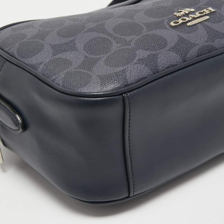 Pre Owned Coach Navy Blue Signature Coated Canvas and Leather Jes Camera Crossbody Bag