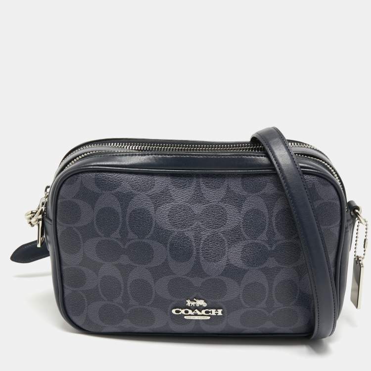 Coach Navy Blue Signature Coated Canvas and Leather Jes Camera Crossbody  Bag Coach