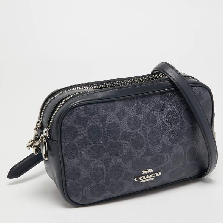 Pre Owned Coach Navy Blue Signature Coated Canvas and Leather Jes Camera Crossbody Bag