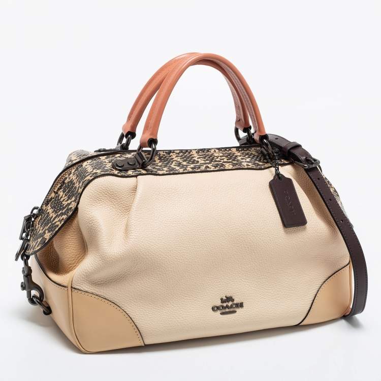 Pre Owned Coach Beige/Cream Snakeskin and Leather Colorblock Satchel 