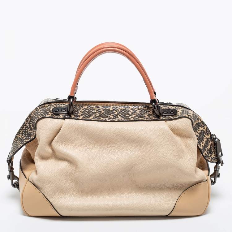 Pre Owned Coach Beige/Cream Snakeskin and Leather Colorblock Satchel 