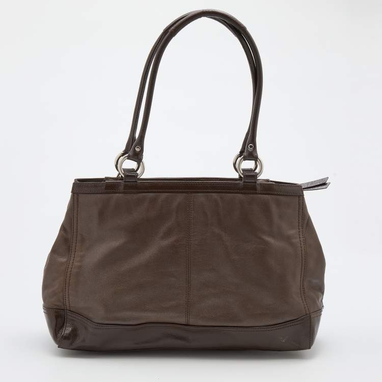 Pre Owned Coach Dark Brown Leather and Patent Tote