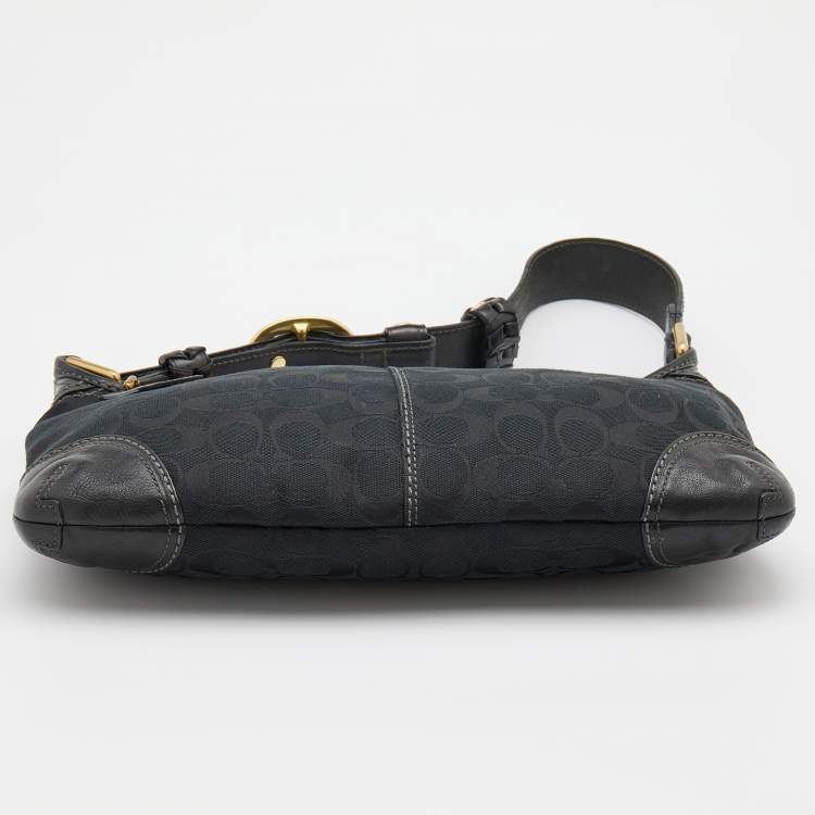 Pre Owned Coach Black Signature Canvas and Leather Buckle Baguette