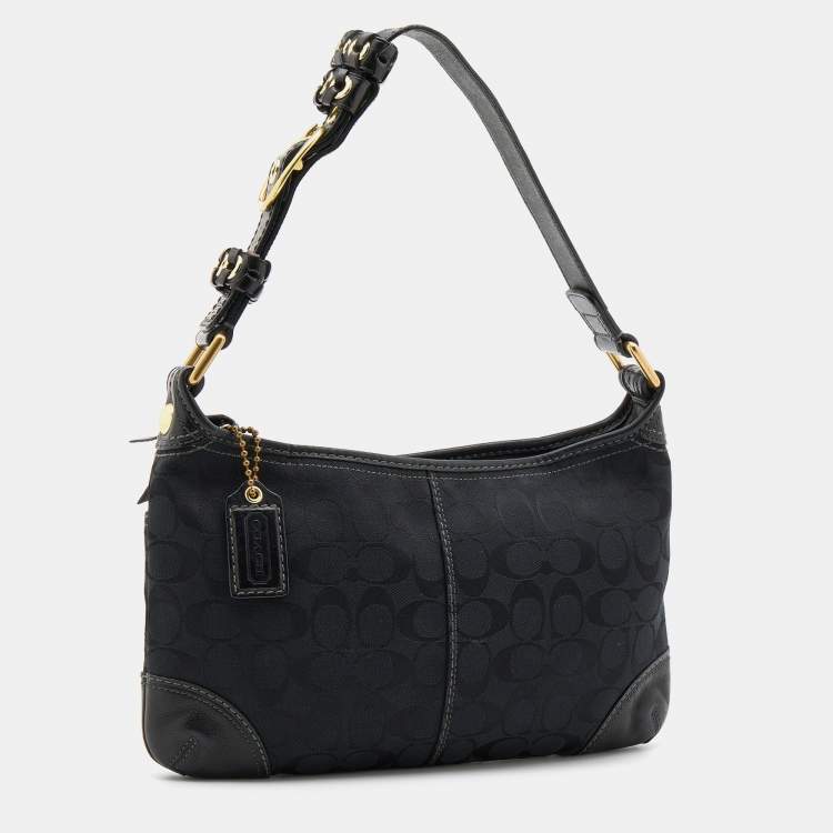 Pre Owned Coach Black Signature Canvas and Leather Buckle Baguette