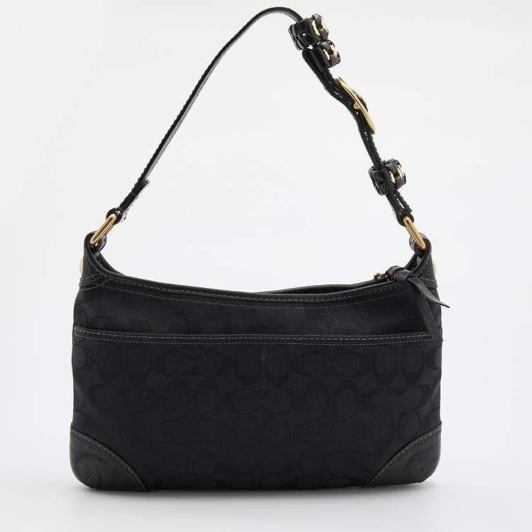 Pre Owned Coach Black Signature Canvas and Leather Buckle Baguette