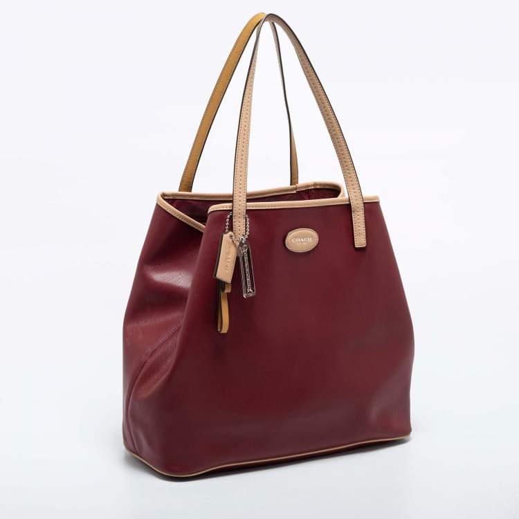 Pre Owned Coach Burgundy/Beige Leather Tote