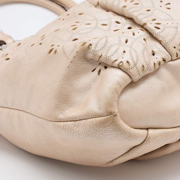 Pre Owned Coach Metallic Beige Leather Floral Laser Cut Lindsey Satchel