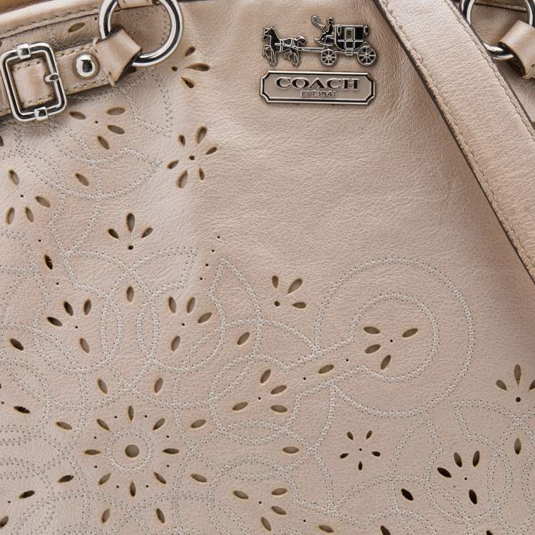 Pre Owned Coach Metallic Beige Leather Floral Laser Cut Lindsey Satchel