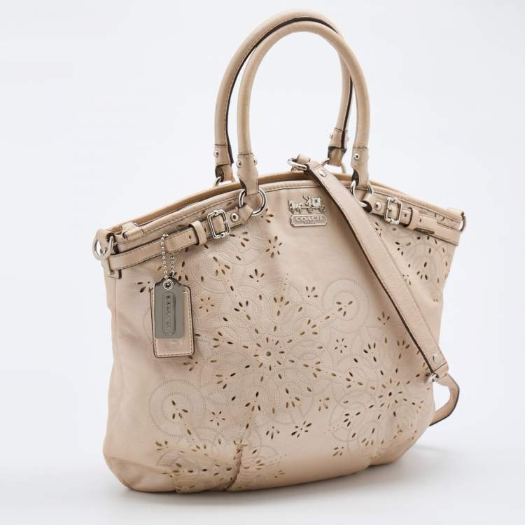 Pre Owned Coach Metallic Beige Leather Floral Laser Cut Lindsey Satchel