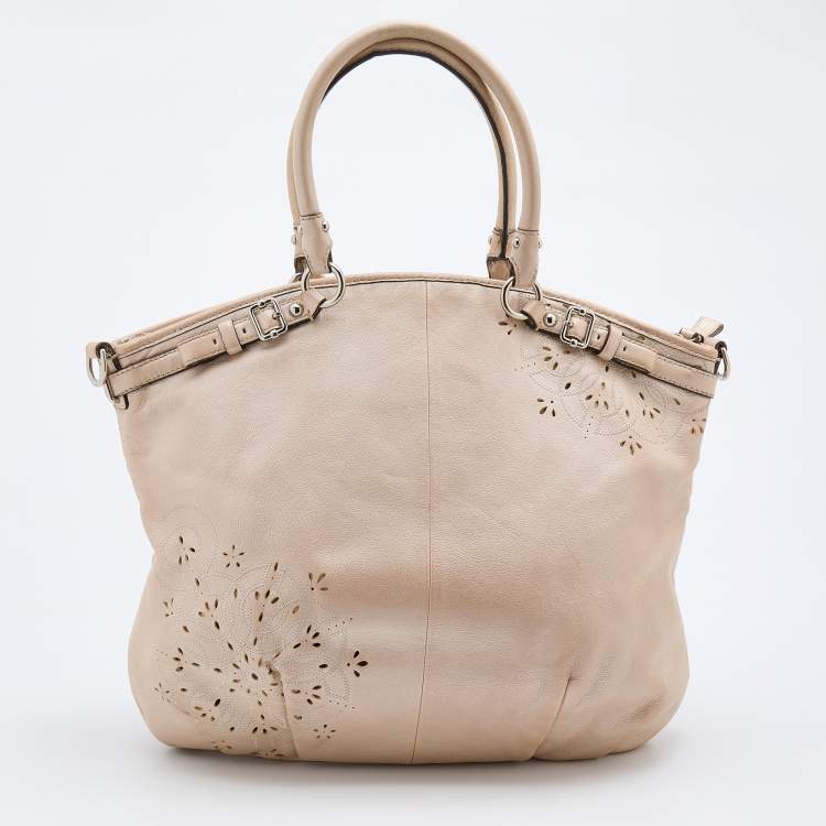 Pre Owned Coach Metallic Beige Leather Floral Laser Cut Lindsey Satchel